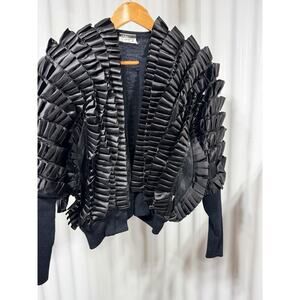 VTG Phyllis Sues Black Knit Cardigan Ruffle Satin Bolero Jacket Sz Sm Tango